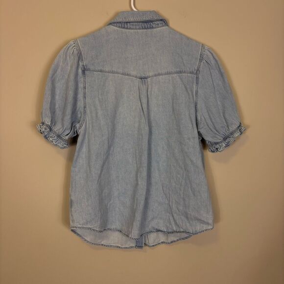 Risen Collared Button Front Denim Short Sleeve Ruffle Sleeve Size Large - Picture 2 of 6